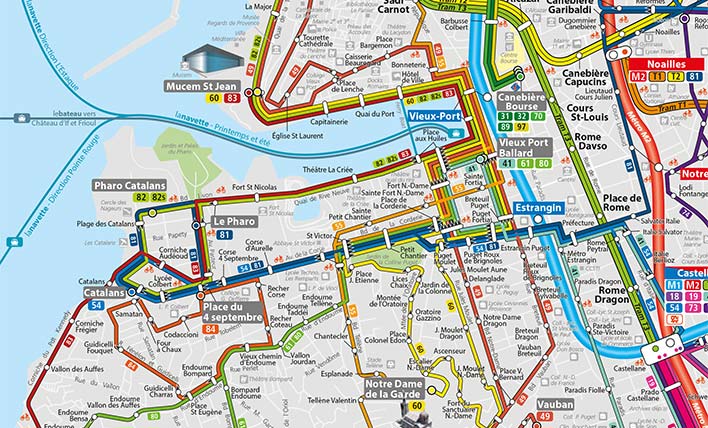 Plan du réseau métro/tramway/bus - Centre de Marseille